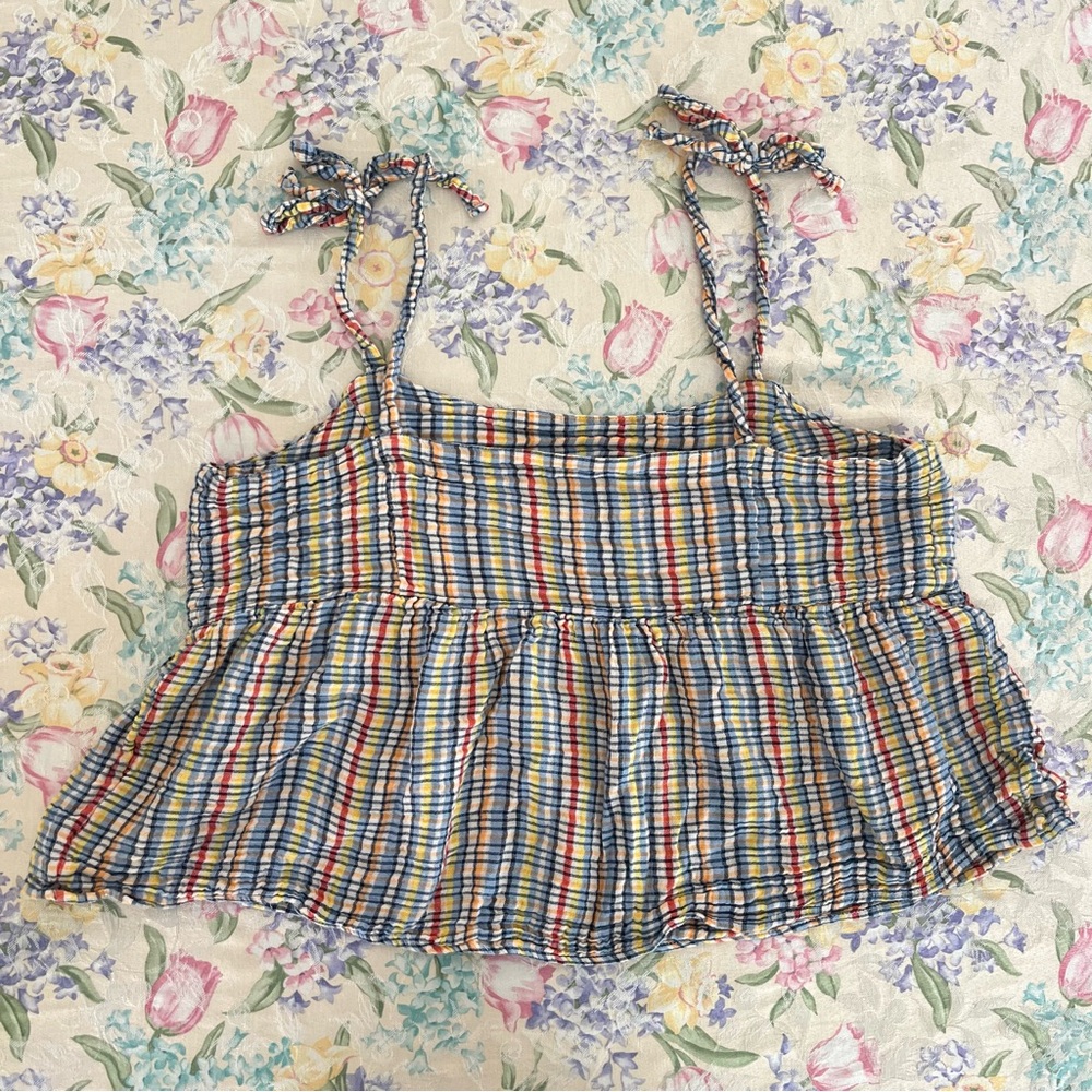 Old Navy Blue Red Yellow Cream Striped Smocked Tie-Shoulder Cami - Picture 2 of 8